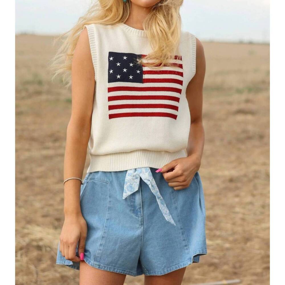 NEW KLESIS liberty sleeveless american flag knit sweater in white